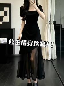 LIRUSHAN | French Collar Black Short Sleeve Mesh Non-Repeated Design Long Waist-Cinched Dress