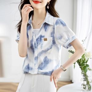 WANGGONGZHU | Summer 2025 Womens Tie Dye Chiffon Shirt Short Sleeve Korean Style Commute Polo Collar Loose Fit Pure Color Fashionable Top