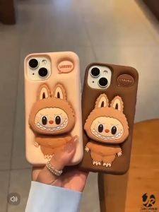 2in1 Silikon Lucu 3D Labubu Pop Standing iPhone 16 15 14 13 12 11 Pro Max Plus 16+ Silicone Rubber Cartoon Kartun Motif Lucu Karakter Socket Soket Anti Noda Softcase Soft Case