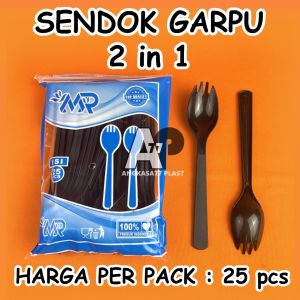 (isi 25pcs) Sendok Plastik 2in1 / Sendok Garpu Makan Hitam