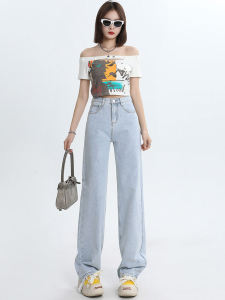 กางเกงยีนส์ขากว้างเอวสูงทรงหลวมสำหรับผู้หญิง กางเกงขายาวทรงตรง ทรงหลวม ทรงเข้ารูป สีอ่อน ฤดูใบไม้ผลิ 2024 กางเกงยีนส์ทรงหลวมสำหรับผู้หญิง