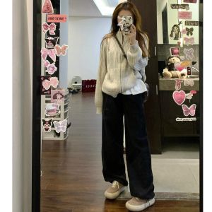 กางเกงขายาวทรงหลวมเอวสูงสีชมพูสำหรับผู้หญิง กางเกงขายาวทรงหลวมสไตล์เกาหลี กางเกงขายาวทรงตรงทรงหลวมสำหรับผู้หญิง