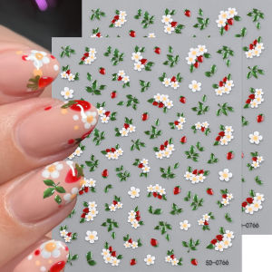 1/2Pcs 5D Jelly Strawberry White Flower Nail Art Sticker Green Leaf Red Fruit Nails Decals Spring Florals Manicure Decorations 1
