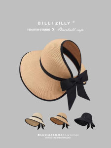 BILLI ZILLY | Summer Butterfly Knot Empty Top Straw Hat Womens Foldable Beach Sunshade Hat Large Brim Face Slimming Sun Hat Casual Style