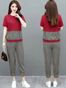 Summer Retro Cotton and Linen Suit Womens Plus Size K-style Mother Clothes Flab Hiding Slimming Youthful-Looking Gingham Cropped Pants Two-piece Set