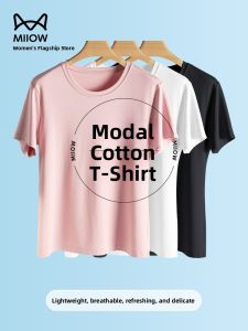 MiiOW | Cat Person 2025 Summer New Womens Modal Cotton Casual Short Sleeve Basic Solid Color Round Neck Top Comfortable Breathable