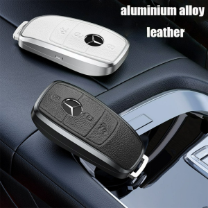 Aluminum Alloy Genuine Leather Smart Car Key Fod Case Cover Chain for Mercedes Benz A B C E S CLA GLA GLB GLC Class W177 W247 W205 W213 W222 C118 X247 X253 Remote Shell Holder Buttons Protector Keychain