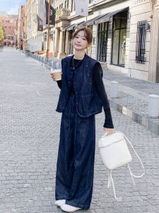 Black Knitted Base Shirt Casual Denim Vest Slim Straight Leg Pants Three Piece Set Womens Autumn Fashion Set round Neck Button Style