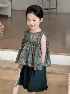 Summer New Arrival Light Weight Floral Print Sleeveless Doll Shirt for Girls Korean Style Baby Fashionable Splice Top