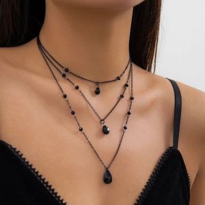 Ingemark 3Pc/Set Elegant Irregular Black Crystal Pendant Necklace Women Vintage Adjustable Thin Clavicle Chain New Jewelry Gift