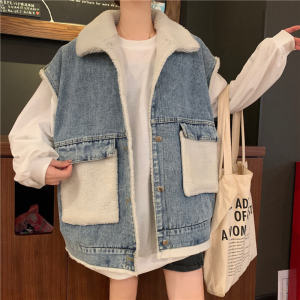 เสื้อกั๊กยีนส์ขนแกะบุขนกำมะหยี่หนาพิเศษเสื้อตัวนอกเสื้อกั๊กสไตล์บอยเฟรนด์ทรงหลวมสไตล์เกาหลีสำหรับนักเรียนหญิงเสื้อกั๊กเสื้อท่อนบน INS