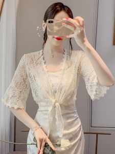 เสื้อคาร์ดิแกนคอวีแขนกุดแบบโปร่งบางป้องกันแสงแดดสำหรับผู้หญิง เสื้อคลุมยาวคลุมไหล่ ชุดเดรสฤดูร้อน ทรงหลวม สไตล์เกาหลี