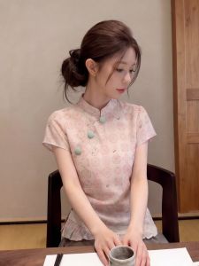PAIBOLI | Áo Sơ Mi Tay Ngắn Họa Tiết Phong Cách Trung Quốc Mới