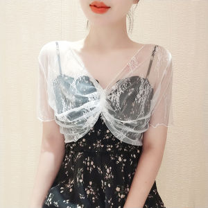 Summer Dress Cut Out Suspender Skirt Shawl Outer Match Womens Short-Sleeved Mesh Twisted Lace Blouse Design Blouse