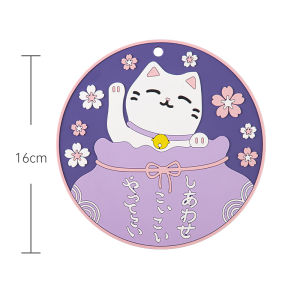 Thickened Heat Resistant Cute Cartoon Japanese Cat Coaster Dining Mat Pot Holder Anti Slip Heat Pad Silicone Circular 16x16cm