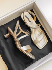 Comfortable Anti-Fall Strap High Heels Sandals Womens Summer French Style Open-Toe Slimming mid Heel Shoes Slip-On Flats