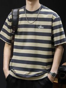 Summer 2025 Mens Loose Fit round Neck T-Shirt Striped Color Block Short Sleeve Casual Top Fashion Brand Travel Wear