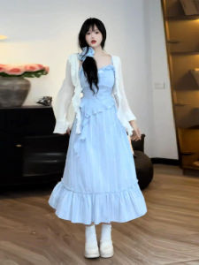 Sweet French Style Oversize Ruffle Hem Dress Womens Summer Slimming Cute Strap+Half Skirt Three-piece Set A-line Skirt Long Sleeve One-shoulder