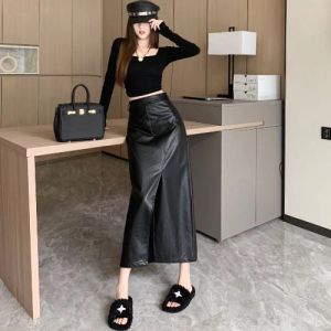 Fancy Black PU Leather Skirt Womens Mid-Length Autumn and Winter Slit A- line Skirt Stylish Niche Style Sheath Dress