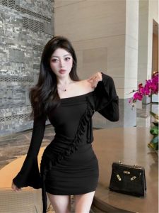 Pure Desire Hot Girl เดรสแขนกุดรัดเอวเข้ารูปสำหรับผู้หญิงในฤดูใบไม้ร่วงและฤดูหนาว เดรสแขนยาวคอวีแขนกุดแบบลำลองสำหรับงานปาร์ตี้