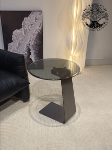 Bàn góc sofa cao cấp bàn phụ nhập khẩu cafe INOX CURVED EDGE chân thép 5mm kính cường lực 3c