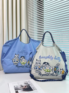 Ball Chain Japanese Style Embroidery Light Gray Tea Cup Cat Eco-friendly Bag Canvas Shopping Bag Large Capacity Commuter Bag Women