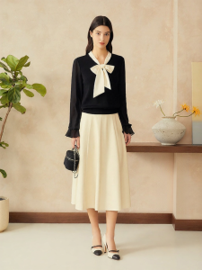 French Style Beaded Knitwear with Bow Ties and Chiffon Sleeve