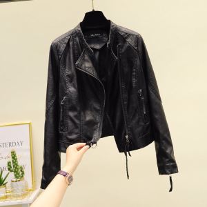 Slim Fit Short PU Leather Jacket Womens Outerwear Black Spring Autumn New Arrival Biker Style Commute Fashion Pocket Detail