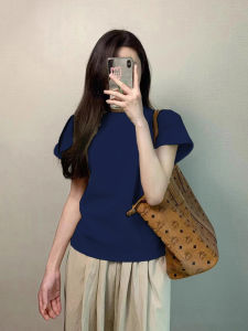 Áo Thun Cotton Tay Ngắn Màu Xanh Lam Thanh Lịch Mùa Hè Cho Nữ Áo Lót Bó Sát Áo Thun Cotton Nguyên Chất Áo Thun Thời Trang