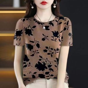 New 2024 Womens Summer Print Short Sleeve T-Shirt Belly Cover Fashion Design Simple Stylish Silk Scarf Korean Style Top