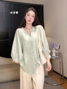 YUFUQING | Áo sơ mi nữ tay dài cổ chữ V dáng rộng đa năng phong cách Hàn Quốc thời trang đầu thu thiết kế mới nhỏ gọn