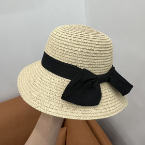 Womens Straw Hat Summer Vacation Beach Outing Sunshade Fisherman Hat Breathable Japanese Style Butterfly Knot Wide Brim Hat