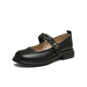 Round Head Thick Sole Black Mary Jane Flats with Chunky Heel