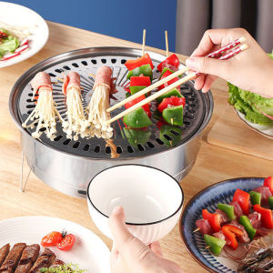 Stainless Steel BBQ Barbecue Charcoal Stove Korean Smokeless Portable Commercial Round Non-Stick Garden Indoor Outdoor Camping