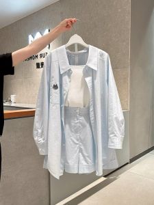 ชุดเสื้อเชิ้ตคอโปโลแขนยาวป้องกันแสงแดดสีน้ำเงิน ชุดกระโปรงสั้นฤดูร้อนสำหรับผู้หญิงไซส์ใหญ่ สไตล์เกาหลี แฟชั่น