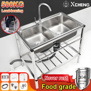 Sinki Dapur Thickened Stainless Kitchen Sink 77*42*75 Double Bowl Vegetable Washing Basin Simple with Bracket 水槽