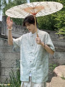 New Chinese Style Mens Shirt Summer High Sensation Wind Han Elements Short Sleeve Zhongshan Casual Ice Silk Button down Shirt