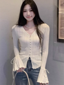 เสื้อถักคอวีแขนกระดิ่งผ้าลูกไม้สำหรับผู้หญิง ฤดูใบไม้ร่วง/ฤดูหนาว เสื้อชั้นในแขนยาว ทรงเข้ารูป แขนยาว ปกติ