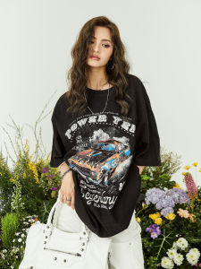 YEP American Retro Short Sleeve T-Shirt Womens Summer New Loose Cotton Car Top Trendy Brand Street Style round Neck Casual Fit