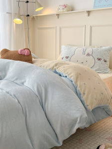 Thickened Milk Velvet Winter Warm Cute Cartoon Bedding Set Double Sided Flocking Bed Cover And Sheet Three Piece Set for Girls