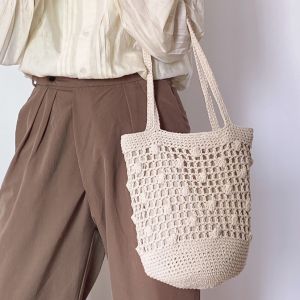 Mori Artistic Woven Cotton Package Hook Flower Cut Out Bucket Bag Korean Style Ins Underarm Bag Shoulder Bag Handbag for Women