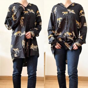 ●ECLAIRE● 0IS Tunik Kemeja Oversize Bubble Satin Longsleeves Lengan Panjang Tiger Macan Leopard Import Hitam