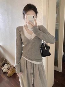 HUOLISI | V Neck Long Sleeve Faux Two-piece Lazy Style Knitwear Innerwear