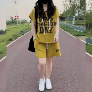 Shalldoer | Summer Outfit Set Womens Drawstring Hooded Print Short Sleeve T-Shirt Casual Five-Quarter Pants Two-Piece Set Fashionable Ensemble