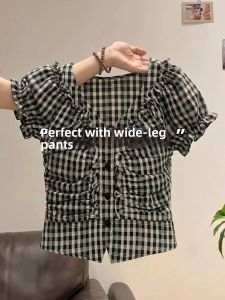 V.C.I | Design Check V-Neck Bubble Sleeve Cinched Waist Blouse