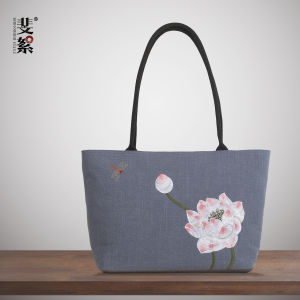 Thickened Crumpled Hemp Embroidery Fuiyu Original National Style Lotus Clear Breeze Womens Handbag Shoulder Bag Ethnic Wind