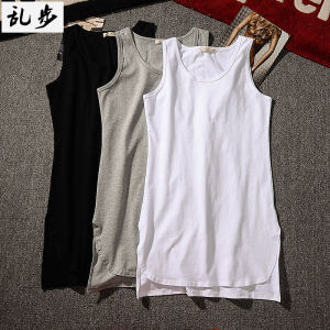 European and American High Street Fashion Mens Oversize Loose Pure Color Split Lower Hem Mid-Length Cotton Vest Sleeveless Base Shirt