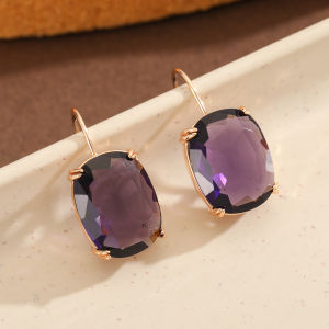 French Court Copper Dangle Earrings with Prong Set Square Purple Artificial Gem Fit Casual and Party Matching.