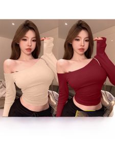 เสื้อยืดแขนยาวทรงสลิมฟิตสำหรับผู้หญิง ฤดูใบไม้ร่วง/ฤดูหนาว เสื้อชั้นในดีไซน์เซ็กซี่ คอกลม แขนยาว ทรงสลิมฟิต คอกลม