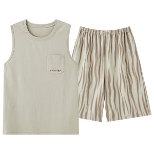 MiiOW | Mens Summer Ice Silk Sleepwear Thin Cool Feeling Sleeveless Casual Home Clothes Set Comfortable Breathable Polyester Fiber